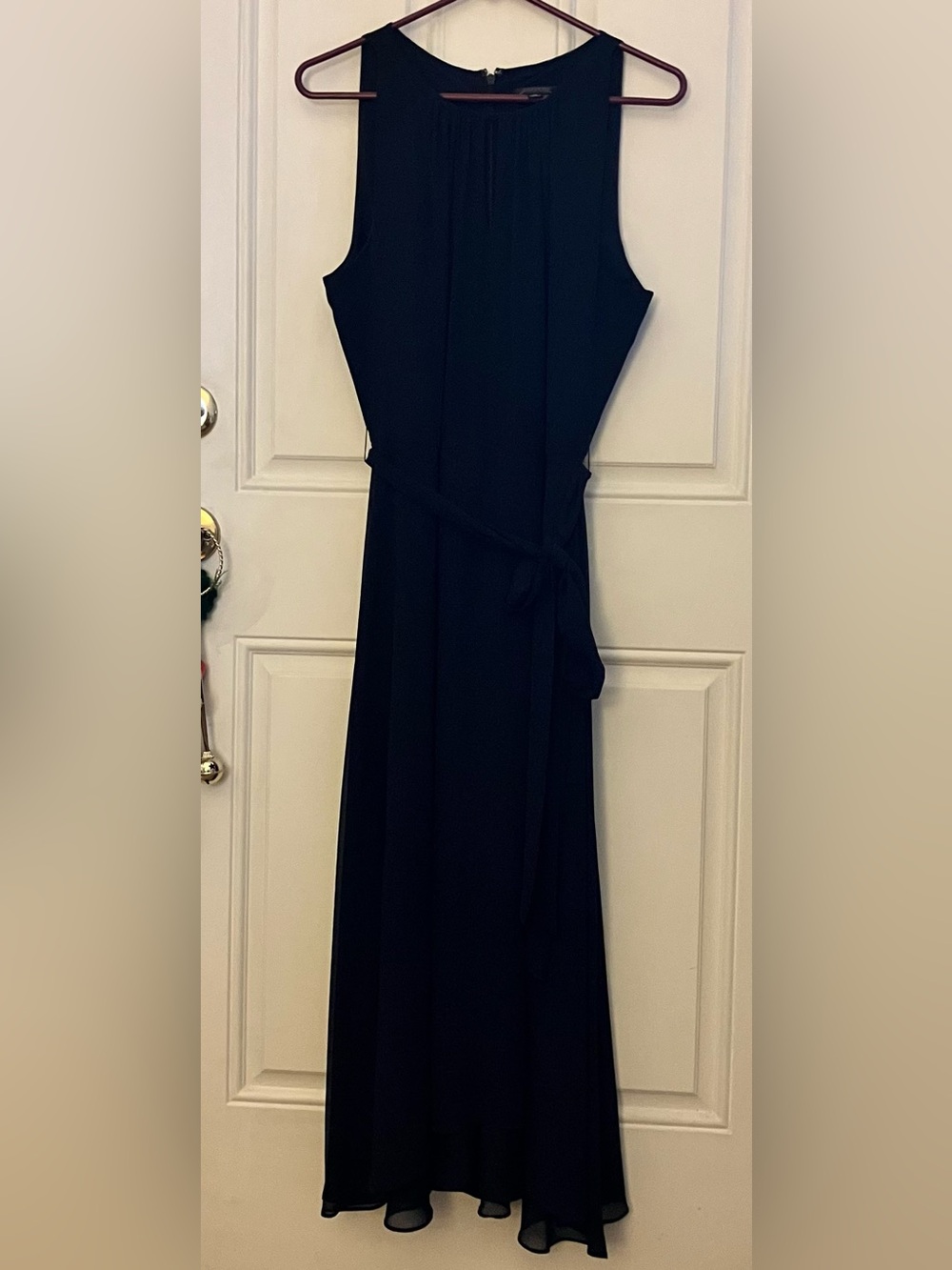 Tahari ASL Navy Sleeveless Pleated Neckline Chiffon High-Low Maxi Dress-Size 14